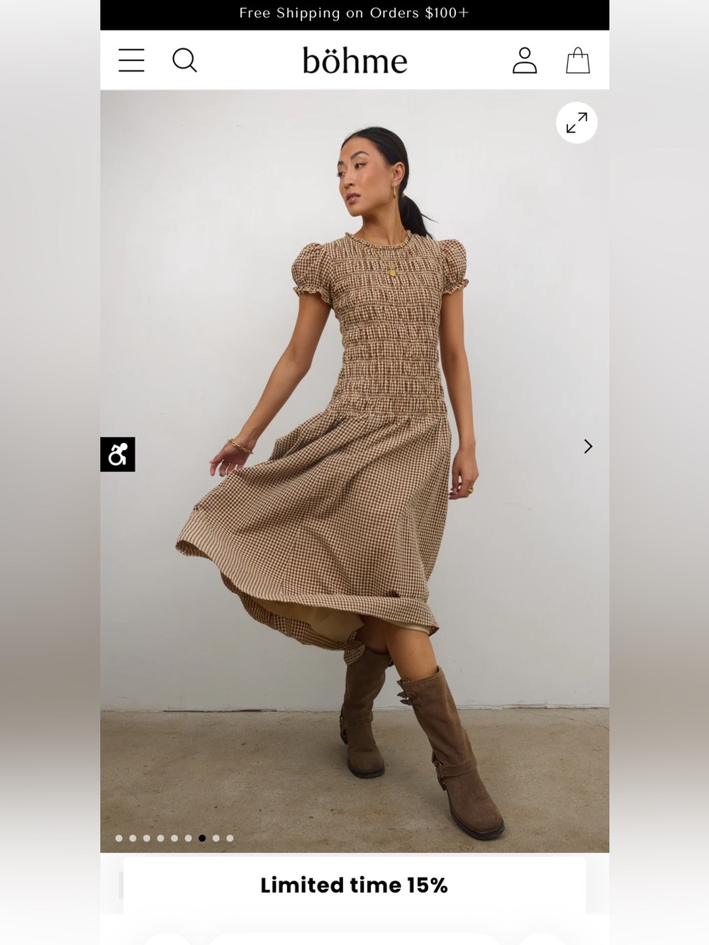 BOHME Opal Gingham Maxi Dress in Brown NWT